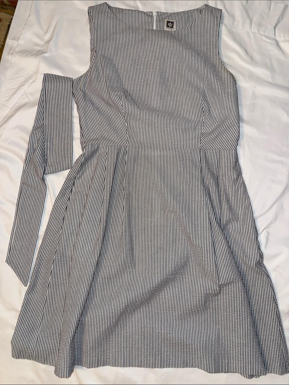 Anne Klein blue and white seersucker a line dress with waist tie